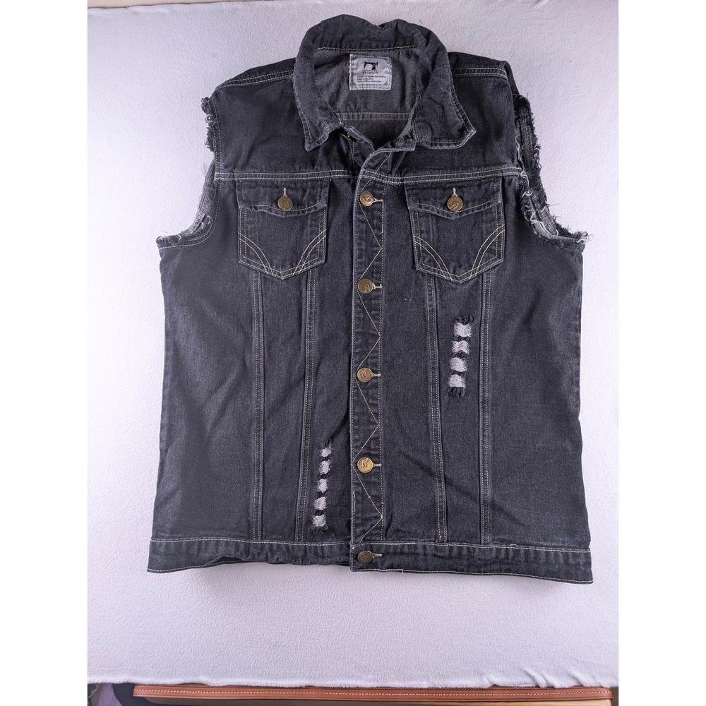 Black Distressed Denim Vest Cut Off Sleeves Punk Streetwear Unisex Motorcycle